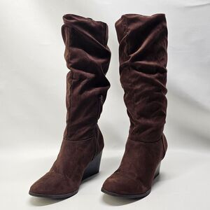 Brown Suede Wedge Boots Size 8 – Slouchy Knee High Side Zip Fall Fashion